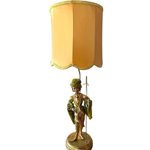 Vtg 40" MCM Italian Pixie Elf Statue Table Floor Lamp Torchiere Green Gold Leaf - Picture 1 of 16